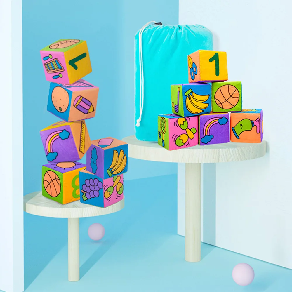 6PCS Infant Baby Block Plush Block Toys Cloth Cube Blocks Building Rattles Squishy Handbell Cube Sound 5