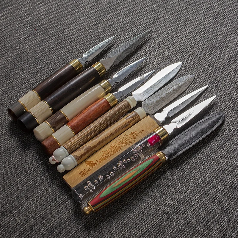 Tea Cutter Tea Needle Set Tea Making Tools 1Pcs Damascus Tea knife Pu'er Tea Knife Ebony Stainless Steel Needle Cone Chinese style gift 12 models