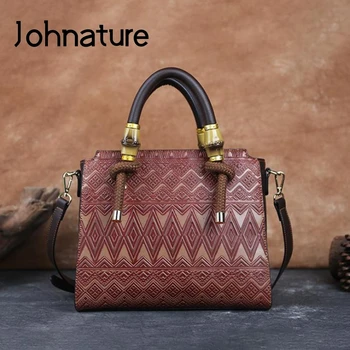 

Johnature Vintage Embossed Tote Bag 2020 New High Quality Leather Women Handbag Large Capacity National Style Lady Shoulder Bags