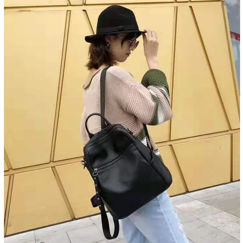 ZENCY 100% Genuine Cow Leather Black Hardware Shoulder Travel Women Backpack Female Lady Real Cowhide Bag College Backpacks
