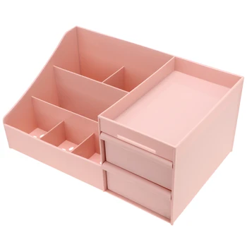

1pc Desktop Plastic Makeup Tool Storage Box Portable Multifunctional Cosmetic Storage Box with Drawer Pink White
