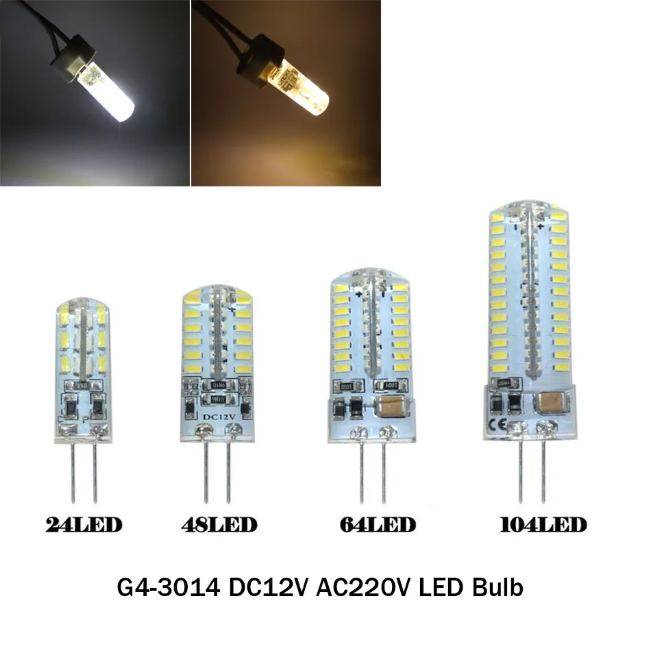 

G4 Led Bulb AC/DC 12/220V 3014 SMD 24/48/64/104Leds 152LED Warm White/Cold White Silicone Lamp Crystal Plug Bulb LED Light