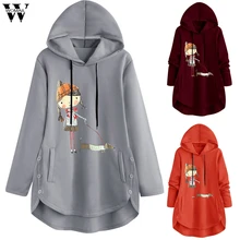 Womail толстовки, женские зимние теплые толстовки с длинным рукавом, с принтом, повседневные, с капюшоном, с карманами, одноцветные, на пуговицах, большие размеры,, Женская толстовка, 5XL