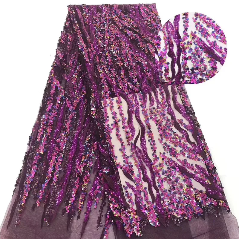 

French Handmade Trim purple sequins Tulle Laces Fabrics 2019 Nigerian Popular Tulle Lace Fabric For Bridal Wedding Dress