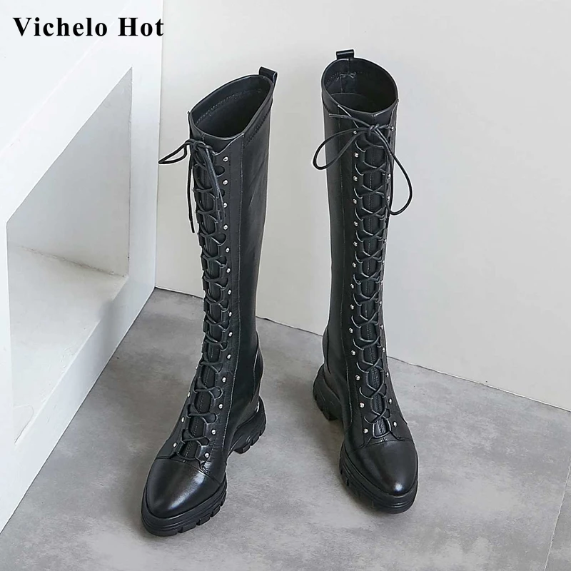 Vichelo/Лидер продаж; модные зимние сапоги до бедра из натуральной кожи на толстой платформе со шнуровкой и стразами; L58