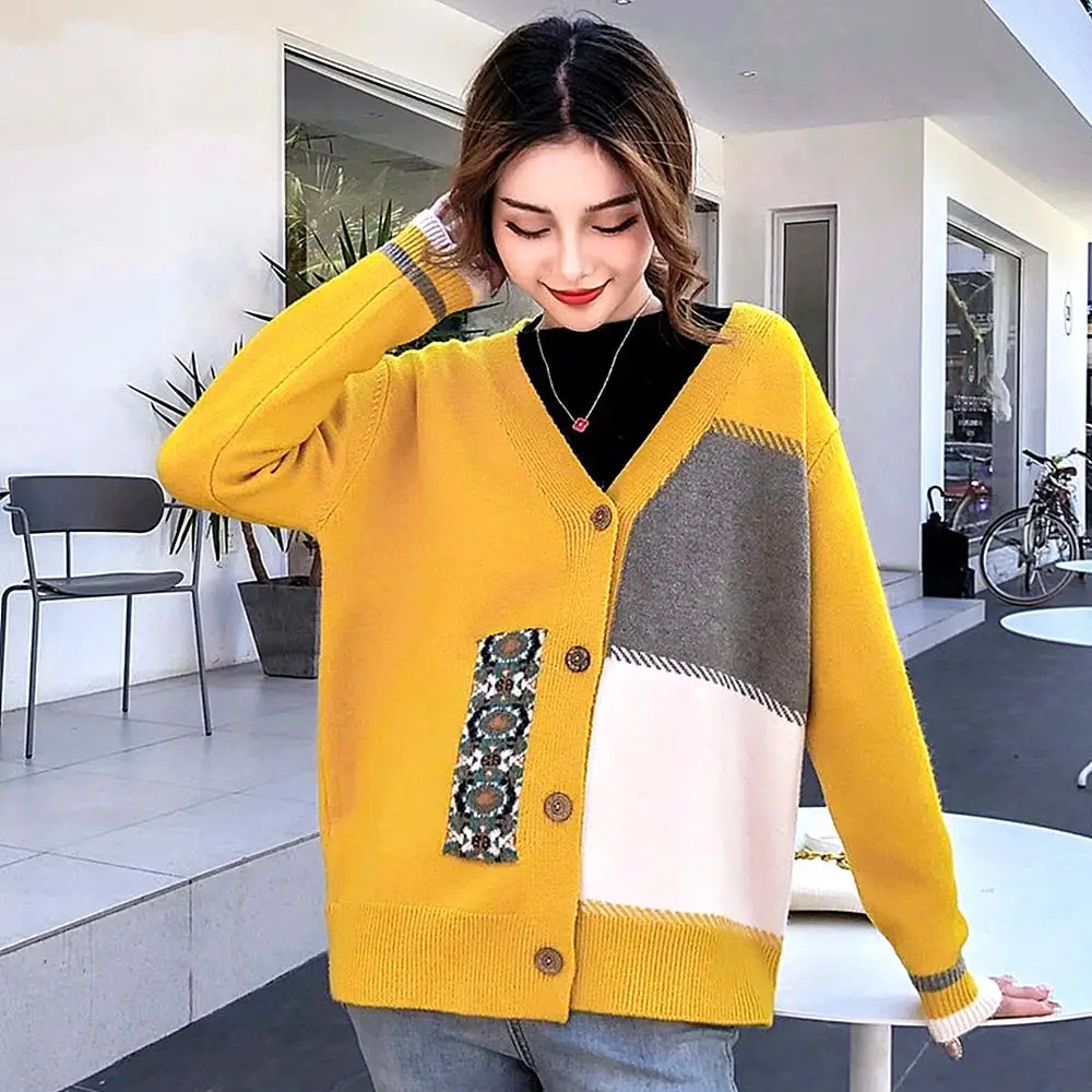 

Knitted Cardigan 2020 New Korean Fashion Patchwork Sweaters Oversized Woman Single-breasted Sweater Jacket Vintage Cardigan
