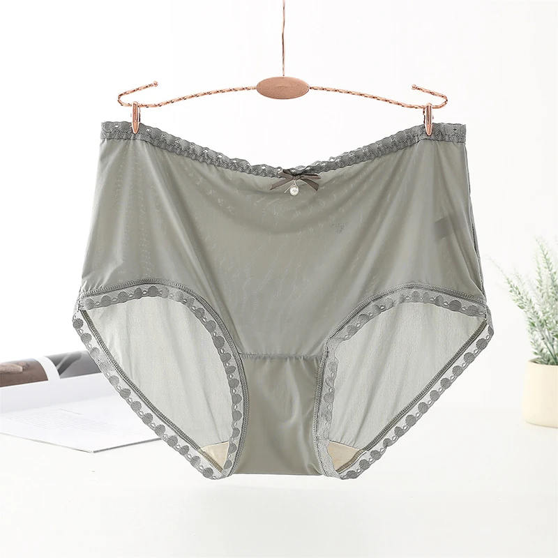 

2021 Sexy Ultra-thin Transparen Women Panties Ice Silk Plus Size Bow Beading Underpanties Hollow Mesh Sensual Woman Underwear