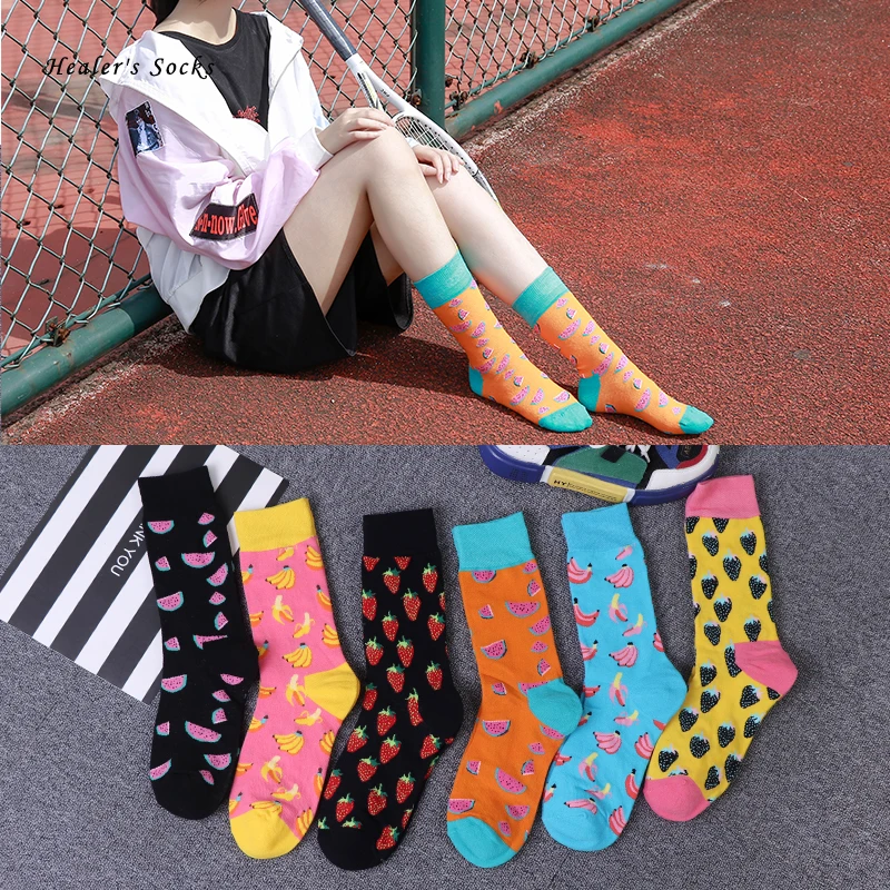

2020 hot fashion women socks cotton color Banana Strawberry Harajuku happy fruit funny cute skateboard hip hop girl tube socks