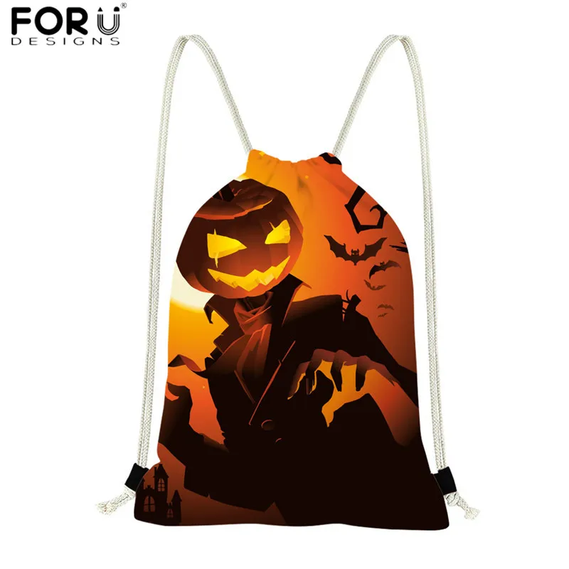FORUDESIGNS Pumpkin Skull Printing Drawstring Bags Fashion Halloween String Backpacks Reusable Polyester Shopping Bag Sack Bag - Цвет: HMA342Z3