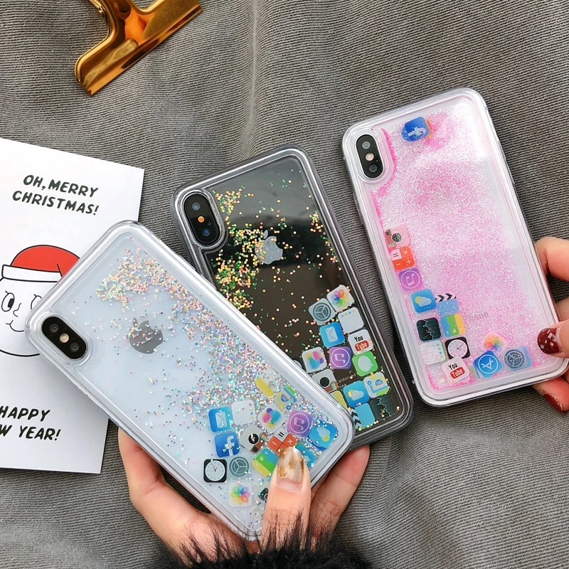 Cute Mobile Apps Icon For iPhone 7 7Plus 8 8Plus 6 6s Plus Glitter Liquid Quicksand Case 5 SE X XR XS Max |