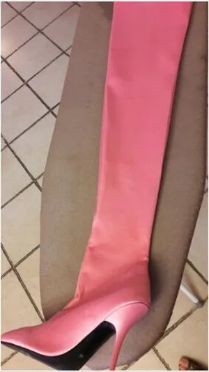 Модные женские сапоги выше колена; Роскошная стильная тканевая эластичная обувь на высоком каблуке-шпильке без шнуровки; тянущийся носок; сапоги - Цвет: pink