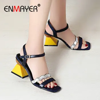 

ENMAYER 2020 Buckle Strap PU Mixed Colors Back Strap Summer Party Basic Genuine Leather Womens Sandals Woman Shoes Size 34-39