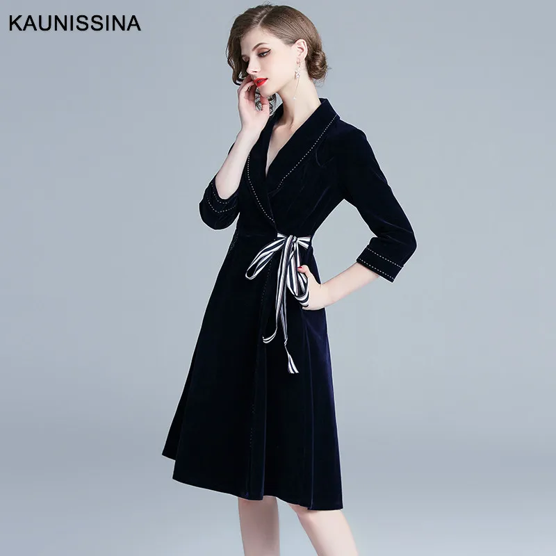 KAUNISSINA/зимнее платье высокого качества, коктейльные платья с вышивкой, 3/4 рукав, v-образный вырез, трапециевидные осенние Вечерние Платья До Колена