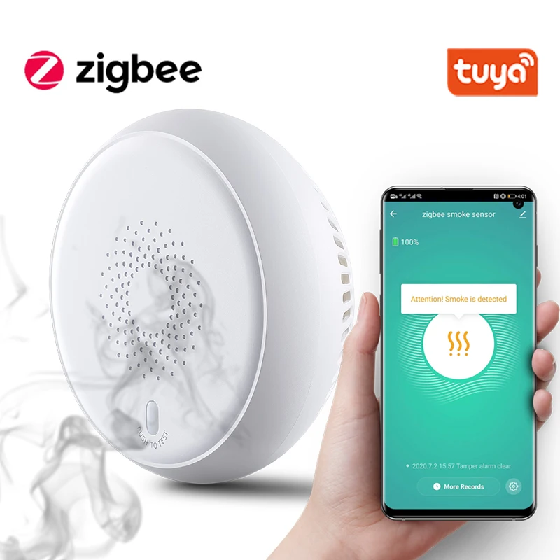 Tuya-Sensor de humo Zigbee inteligente, sistema de alarma de seguridad para el hogar, Notificación por App