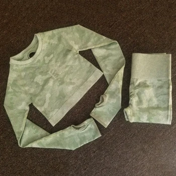 Women Camo Yoga Set Seamless Fitness Long Sleeve Crop Top Sports Wear High Waist Gym Leggings Pants Yoga Suit Workout Leggins 5