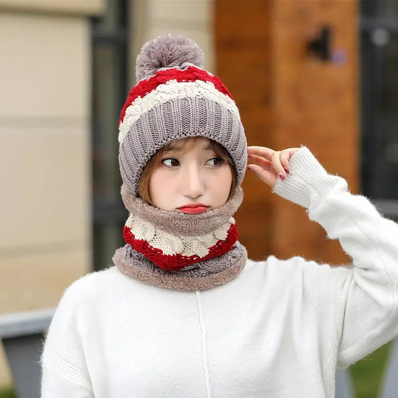 Вязаная зимняя шапка, шарф, набор для женщин, Pom Beanies, набор из шапки и шарфа для женщин, толстые теплые мягкие зимние аксессуары - Цвет: khaki
