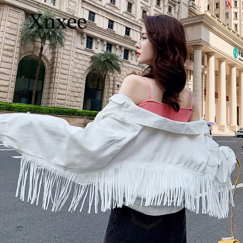 

Women Denim Tassel Jackets Short Fashion Tops Female Casual Long Sleeve Button Outwear Coats White Top Jean Jacket Woman Bomber