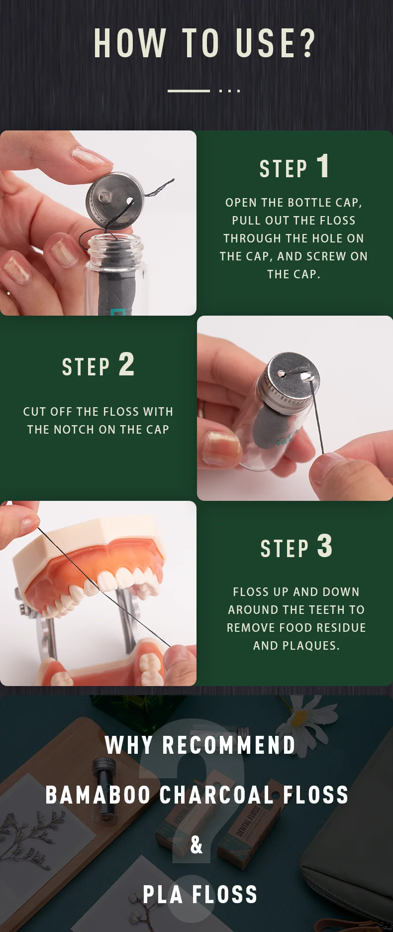 EcoFriendly Bamboo Dental Floss with Recyclable Bottle Dispenser