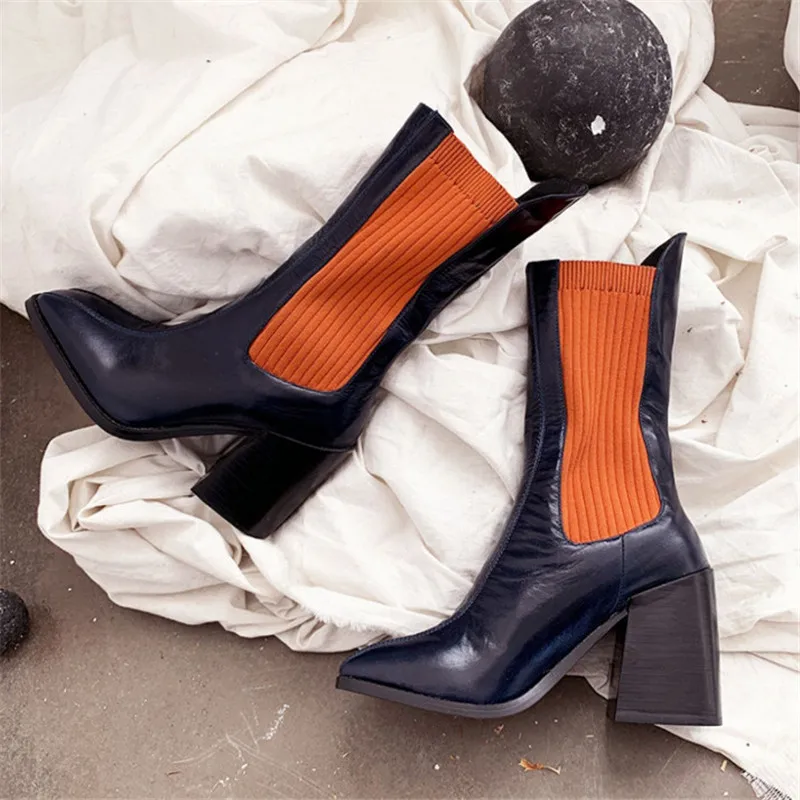Knsvvli Chunky High Heels Knitting Stretch Boots Woman Mixed Color Runway Short Boots Leather Patchwork Sock Boots Women