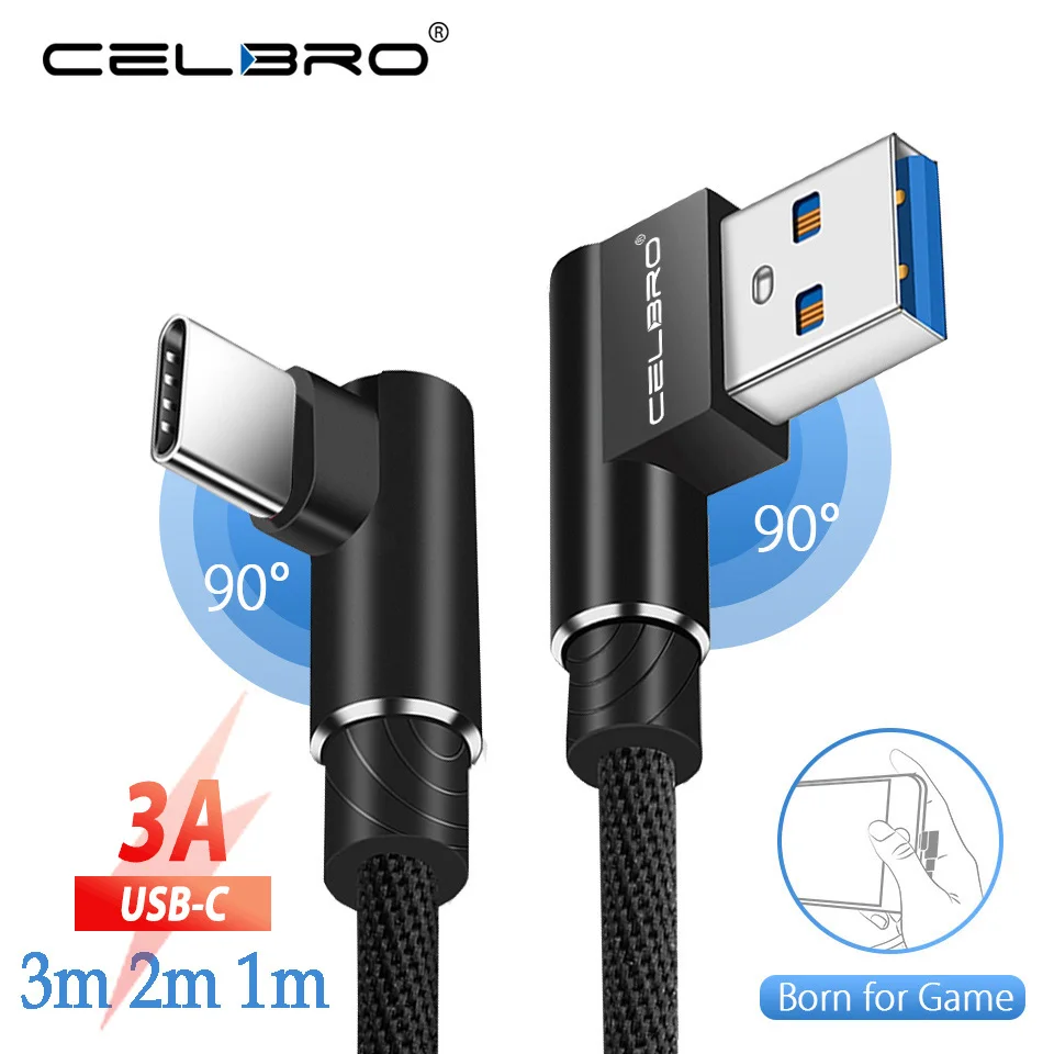 Зарядный кабель USB Type C 90 градусов 3 м 2 длинный Usb для Samsung Galaxy S9 Plus Note 10 Note10 A70 A50 Xiaomi Mi