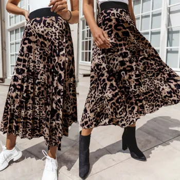 

Skirts Womens Women Leopard Print Pleated Skirt Ladies Elasticated High Waist Party Skirt Faldas Mujer Moda 2020