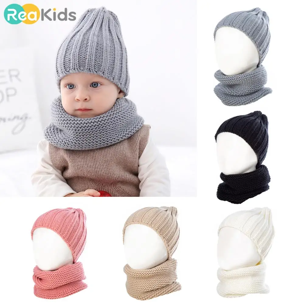 

REAKIDS New Kids Warm Autumn And Winter Fashion Baby Hat Scarf Suit Cute Boy Girl Cotton Knit Scarf Thick Scarf Hat Sets