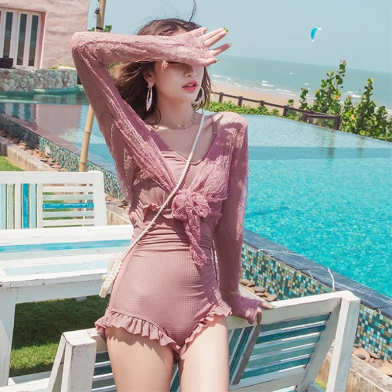 

One Piece Swimsuit Woman Swimwear With Push Up Women Large Size Sexy Swim Suits Female Lace Long Sleeve Back Korean Ins Solid
