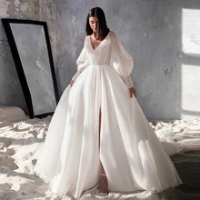 

Deep V-Neck White Side Slit Wedding Dresses Floor-Length Chiffon Court Train for Brida Fulle Sleeve Bridal Gowns 2022 Summer