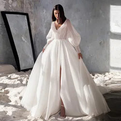 Deep V-Neck White Side Slit Wedding Dresses Floor-Length Chiffon Court Train for Brida Fulle Sleeve Bridal Gowns 2022 Summer