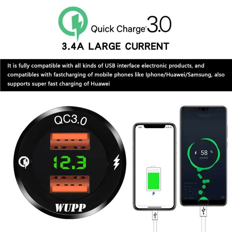 12 В/24 В алюминиевый водонепроницаемый двойной QC3.0 USB быстрое зарядное устройство адаптер питания с светодиодный вольтметр для автомобиля морской лодки