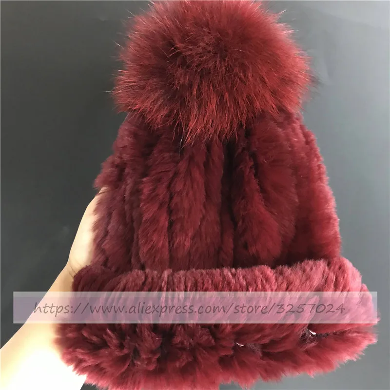 Меховая шапка Magicfur, настоящий мех кролика, бордовый цвет, вязаная шапка W, мягкий мех лисы, помпон, теплая зимняя вязаная шапка для любви