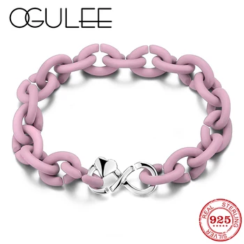 

Top Quality Silver Charm Heart Bead Link Chain Bracelets for Women Fine Jewley Sweet Pink Hard Rubbe X Bracelets Girlfriend gift