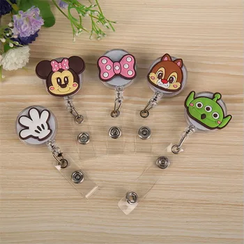 

Wholesales 50 PCS/lot Quality Silicone Retractable Nurse Badge Reel Clip Cartoon Mickey Minnie Stitch Bow ID Card Badge Holder