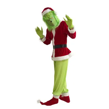 

Christmas Cosplay Costume Set Santa Hat, Coat, Waist Belt, Gloves, Pants, Shoe Covers Adult clothes for xmas party