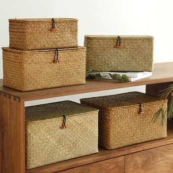 

Seaweed storage box with cover finishing box rattan straw woven tabletop snack frame storage baskets plant basket
