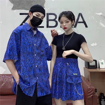 

Lychee Girls Harajuku Womens Zebra Print Shirt Blue Short Sleeve Casual Ladies Blouse High Waist Pleated Skirt for Summer
