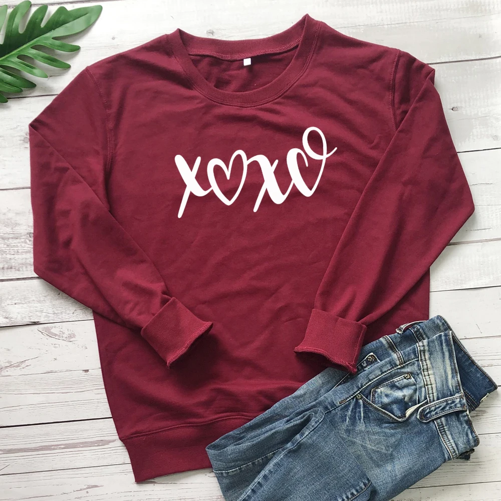 burgundy-white text XOXO хлопковая толстовка милые женские пуловеры на День святого Валентина наряды забавные 90s унисекс подарок на день Святого Валентина толстовки Прямая поставка - Цвет: burgundy-white text