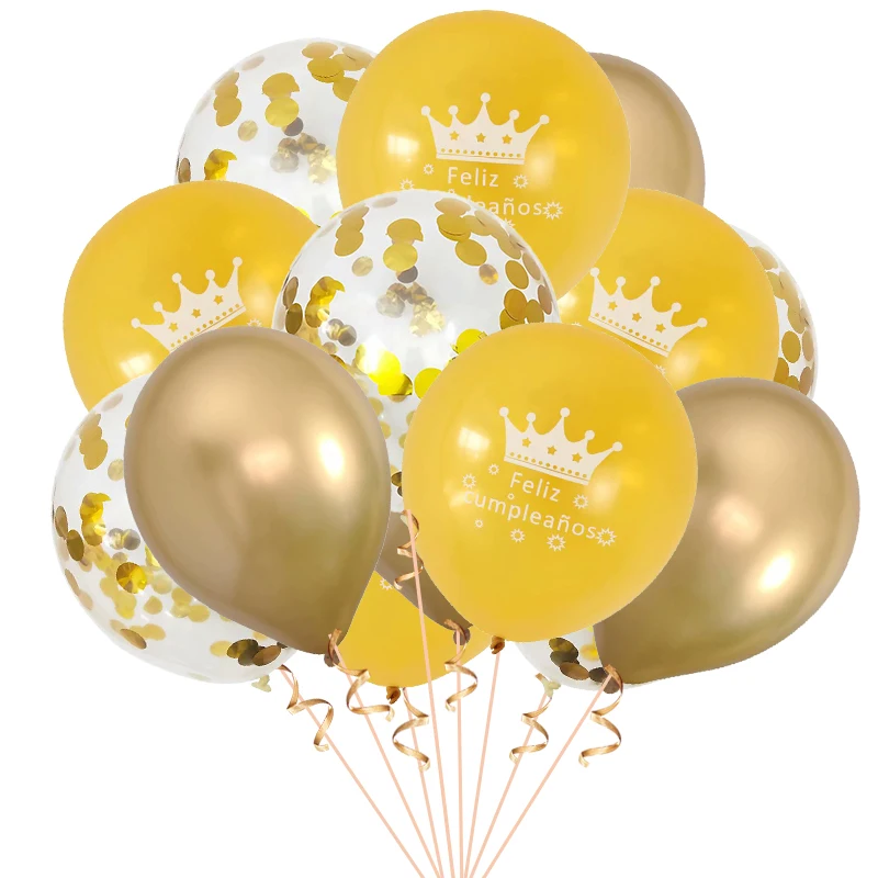 Флуоресцентный желтый 15 шт./лот, испанский латексный шар Feliz cumpleavienos, день рождения, украшения для тематических вечеринок, металлические хромированные конфетти, воздушные шары, поставки - Цвет: Флуоресцентный желтый