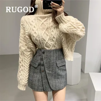 

RUGOD korean chic turtleneck sweaters women solid twist thick knitted pullovers new winter warm tunic fashion elegant female top