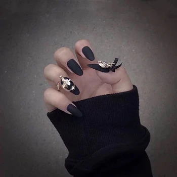 

American punk style New black pure color with bird decoration 3d fake nails Middle-long size lady full nail tips false nails