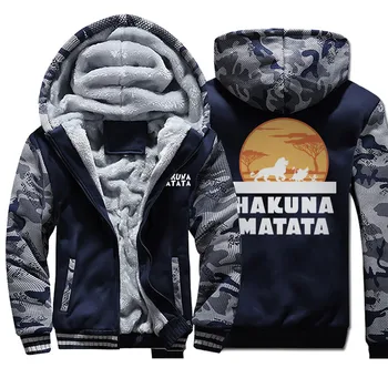 

HAKUNA MATATA Print Plus Velvet Thicken Zipper Sweatshirt Men Hoodie Hoodie Camouflage Long Sleeve coat 2020 Winter warm Jacket