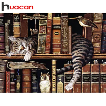 

Huacan Diamond Painting Full Square/Round Animal Cat 5D DIY Diamonds Embroidery Kits Bookshelf Decorations Home Gift