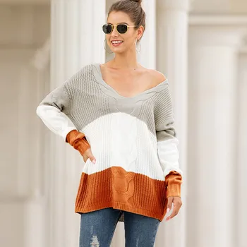 

Women Sweater Sexy V Neck 2020 New Autumn Winter Tops Casual Loose Pullovers Jumper Striped Knitted Sweater Ladies Knitwear