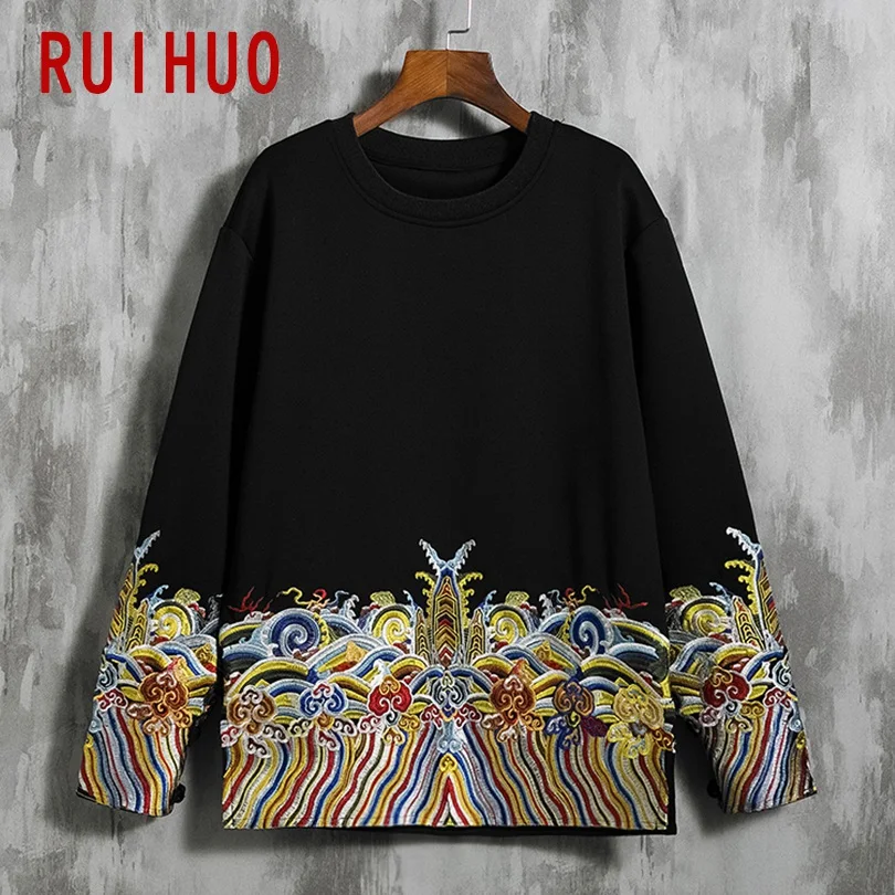 RUIHUO китайская Толстовка с вышивкой Мужская Толстовка Harajuku мужская Японская уличная одежда мужские толстовки хип-хоп 5XL осень