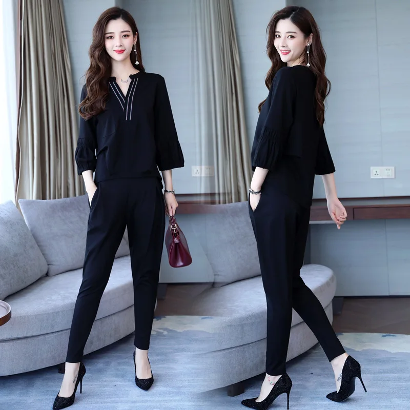 

2018 Summer Short-sleeved Crew Neck Set/Capri Pants Skinny Pants Casual Fashion Elegant Joint