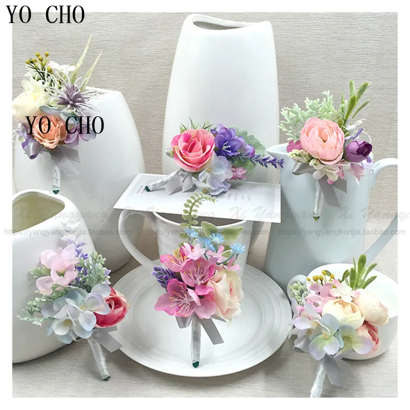 

YO CHO Exquisite Silk Rose Decor Wedding Boutonniere and Brooch Artificial Flower Wrist Corsage for Bridesmaids
