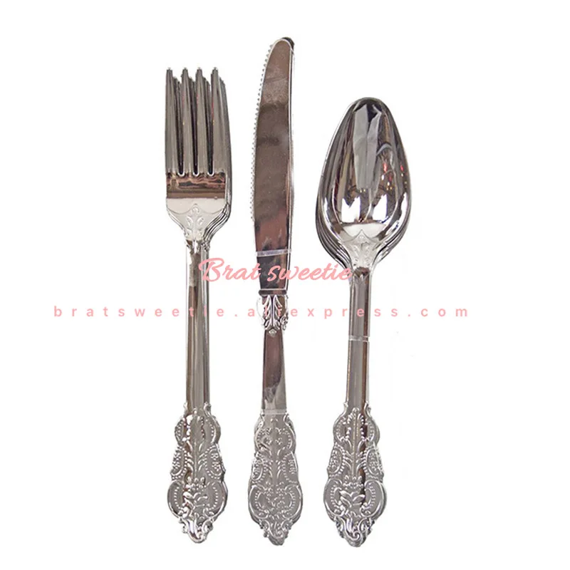 silver Cutlery set Розовое золото пластиковые столовые приборы одноразовая посуда набор Золото Серебро Имитация металла столовые приборы резные тисненые свадебные принадлежности - Цвет: silver Cutlery set