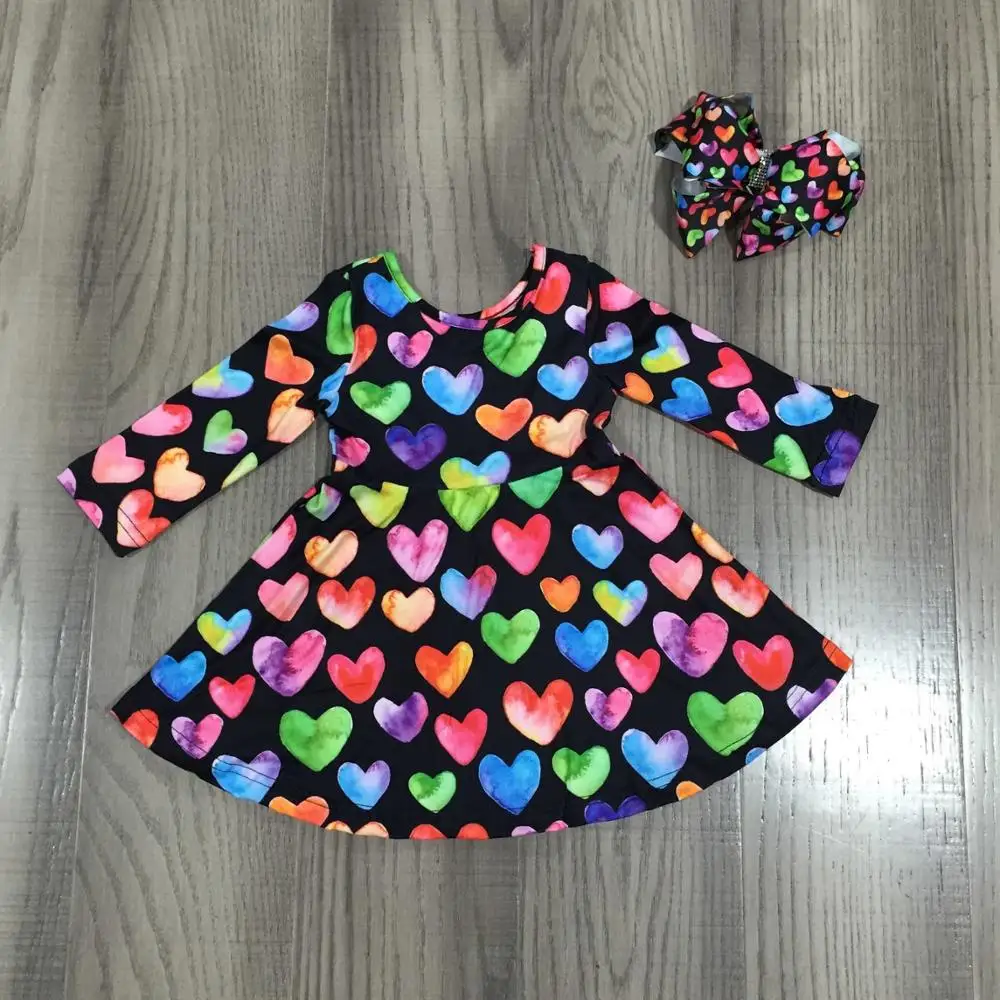 Girlymax Spring Valentine's Day Baby Girls Cotton Children Clothes Milk Silk Heart Shape Twirl Dress Knee Length Match Bow |