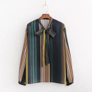 

women bow neck ful sleeve shirts 2020 new fashion ladies multi-color stitching Printing blouse chic girls street wear
