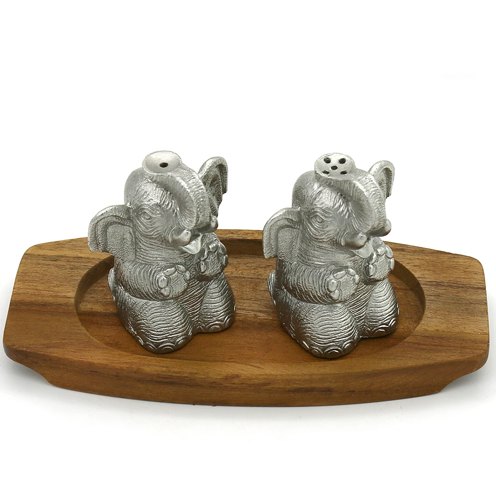 Восточный Pewter-Pewter набор приправ-соль и перец Caddy набор из 3, Детский слон в форме, чистый оловянный 97% без свинца Таиланд